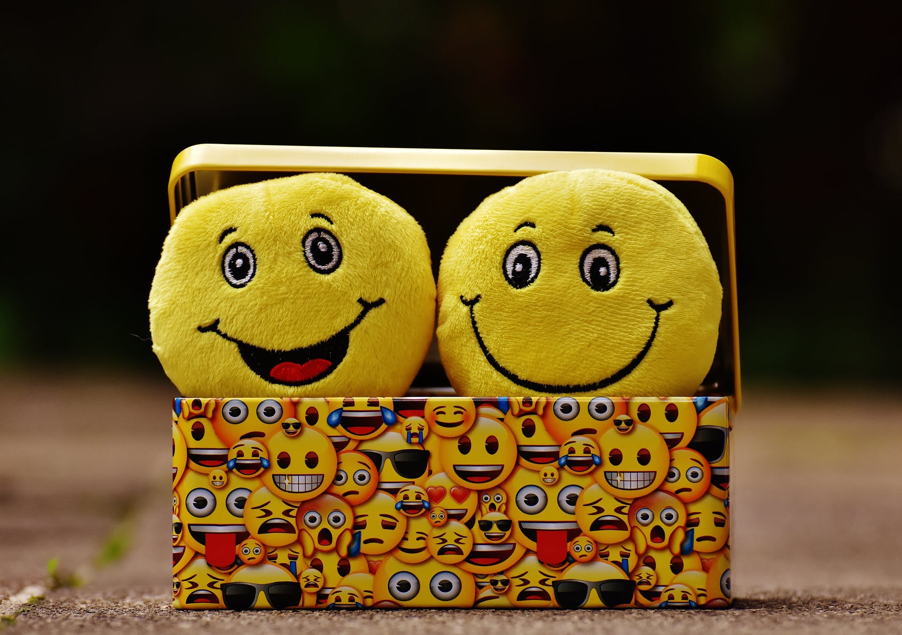Two toy smiling faces emerge from a box signifying contentment at seeing the finished mosaic.